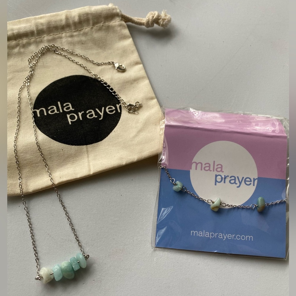 Mala Prayer Amazonite bar necklace & bracelet silver tone & natural crystal SET